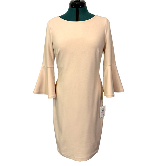 Calvin Klein Dress Bell Long Sleeve Back Zip Blush Pink‎ NWT Size 10 Knee Length - Picture 1 of 9
